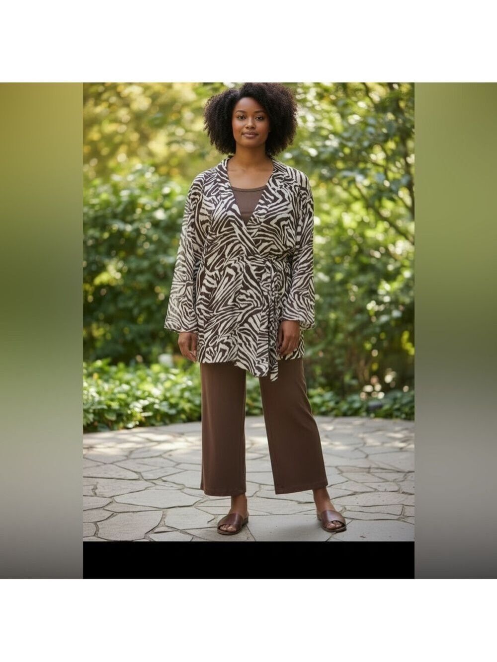 Y2K 3PC CHICOS SILK ZEBRA BROWN & WHITE WRAP JACKET STRETCH BROWN TOP & PANT XL